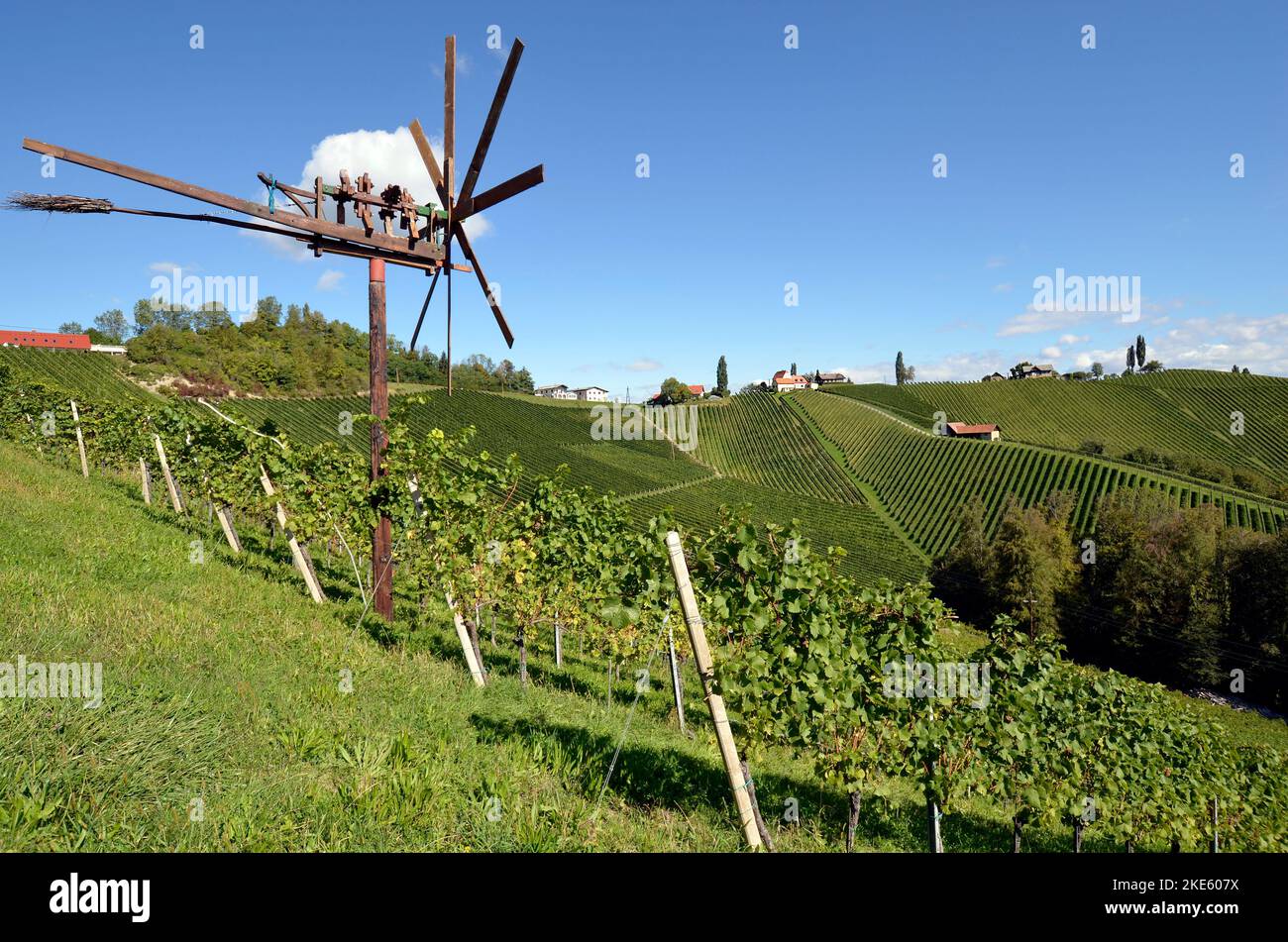 Austria, traditional Klapotez scarecrow and vineyards on the steep slopes located on the Styrian wine route, the hilly landscape is also known as the Stock Photo