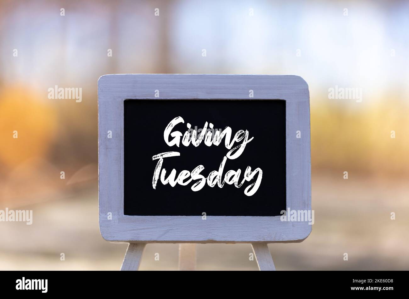 Giving Tuesday text message on chalkboard easel soft bokeh background copy space Stock Photo