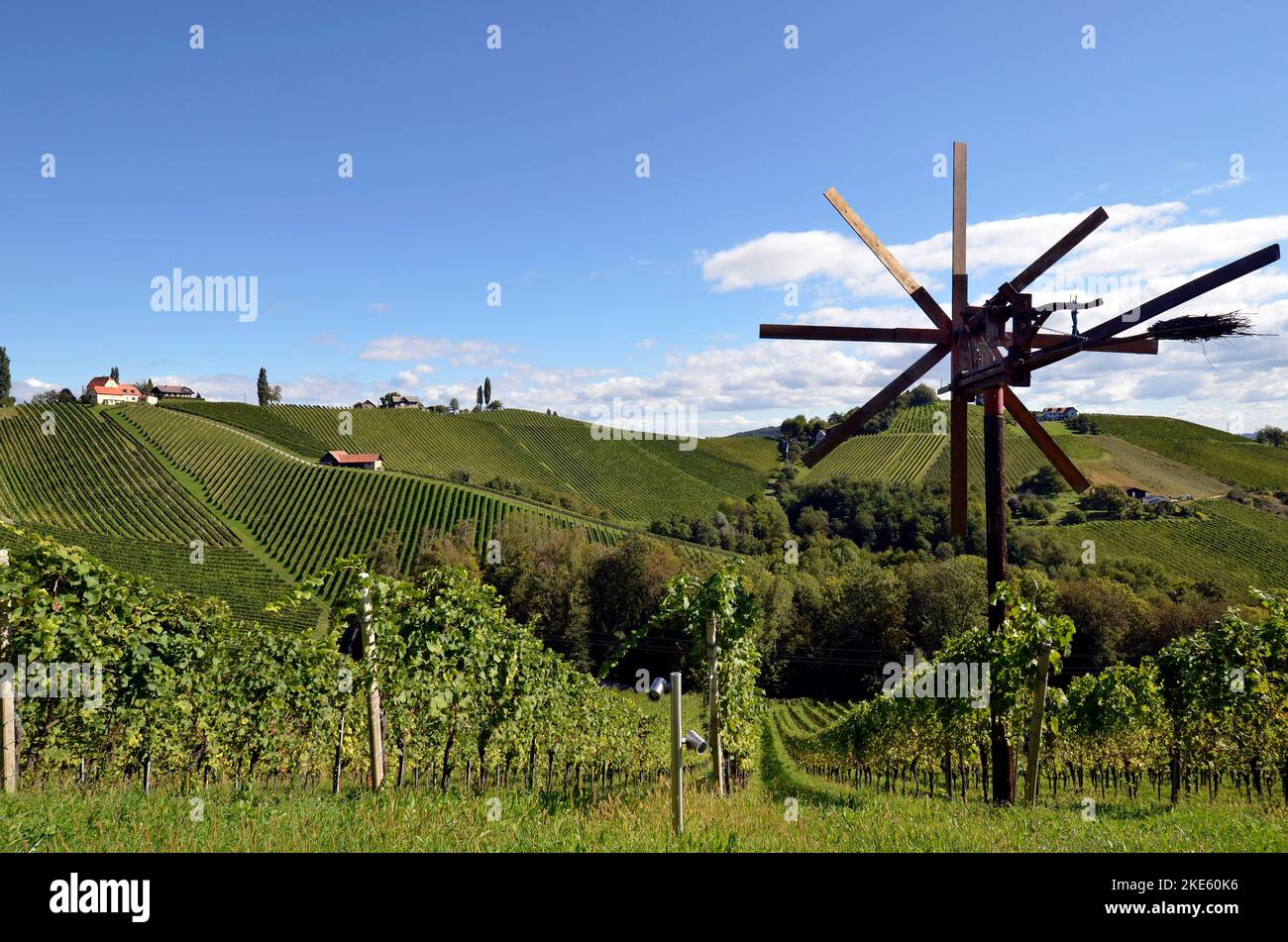 Austria, traditional Klapotez scarecrow and vineyards on the steep slopes located on the Styrian wine route, the hilly landscape is also known as the Stock Photo