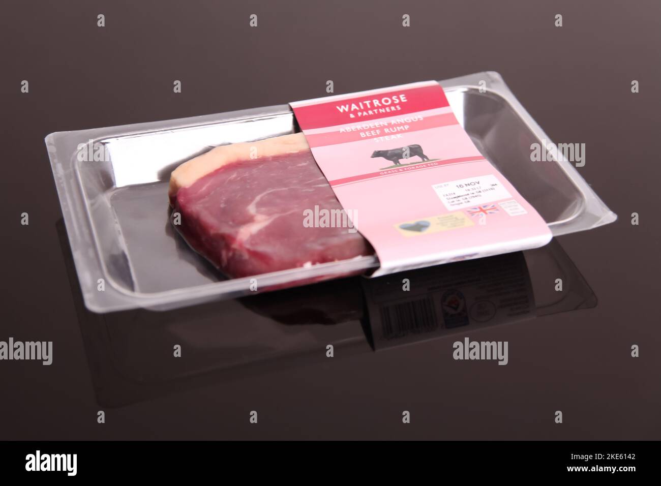 Waitrose Aberdeen Angus Beef Rump Steak in plastic packet vacuum sealed from supermarket, 2022 Stock Photo