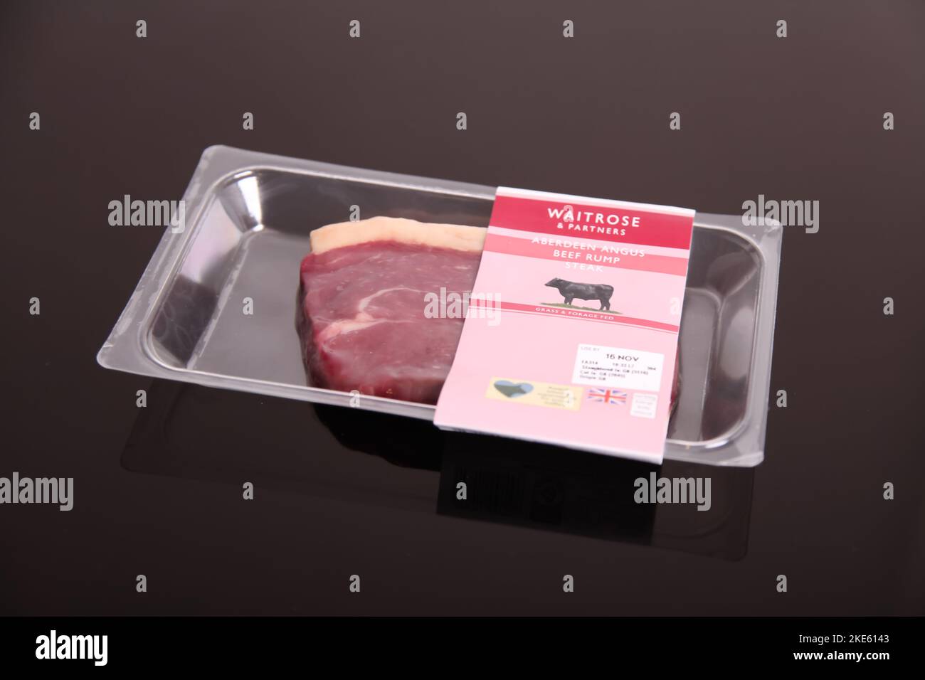 Waitrose Aberdeen Angus Beef Rump Steak in plastic packet vacuum sealed from supermarket, 2022 Stock Photo