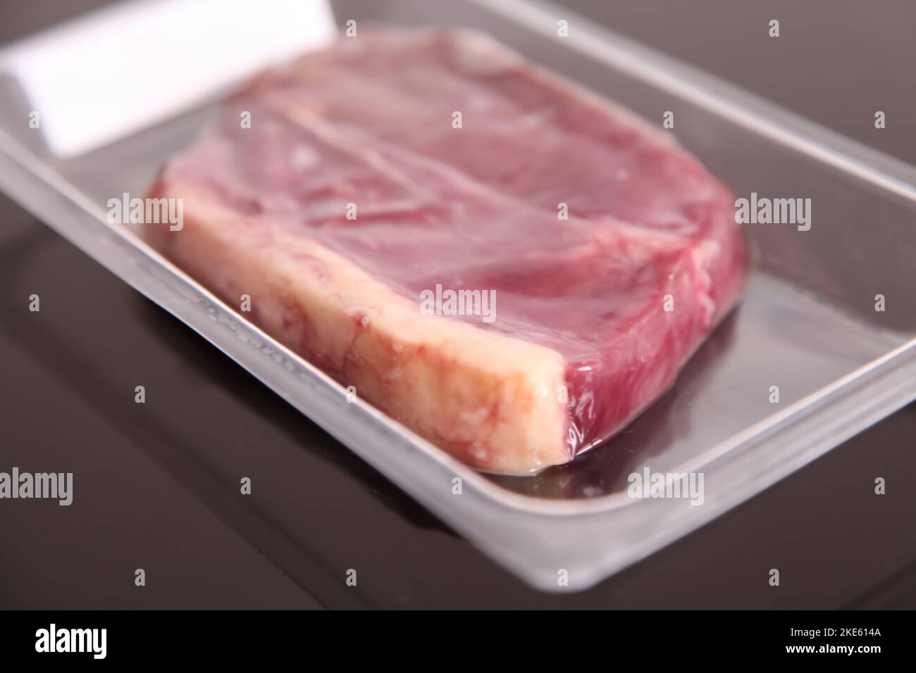 Aberdeen Angus Beef Rump Steak in plastic packet vacuum sealed from supermarket, 2022 Stock Photo