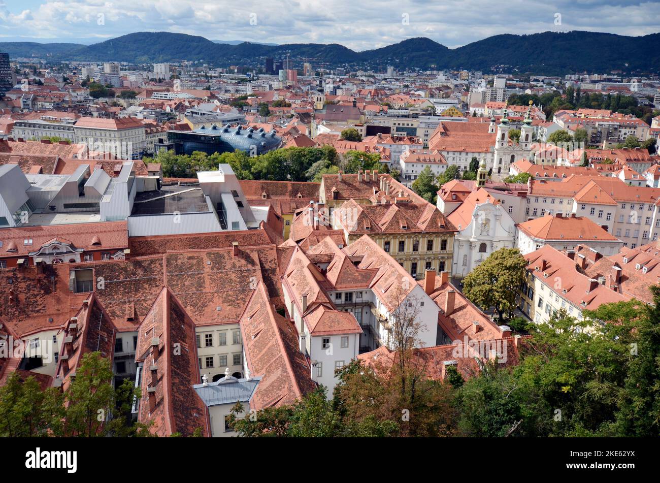 Austria, aerial view over the UNESCO world heritage site city of Graz, capital of Styria with Kunsthaus, an exhibition building and new architectural Stock Photo