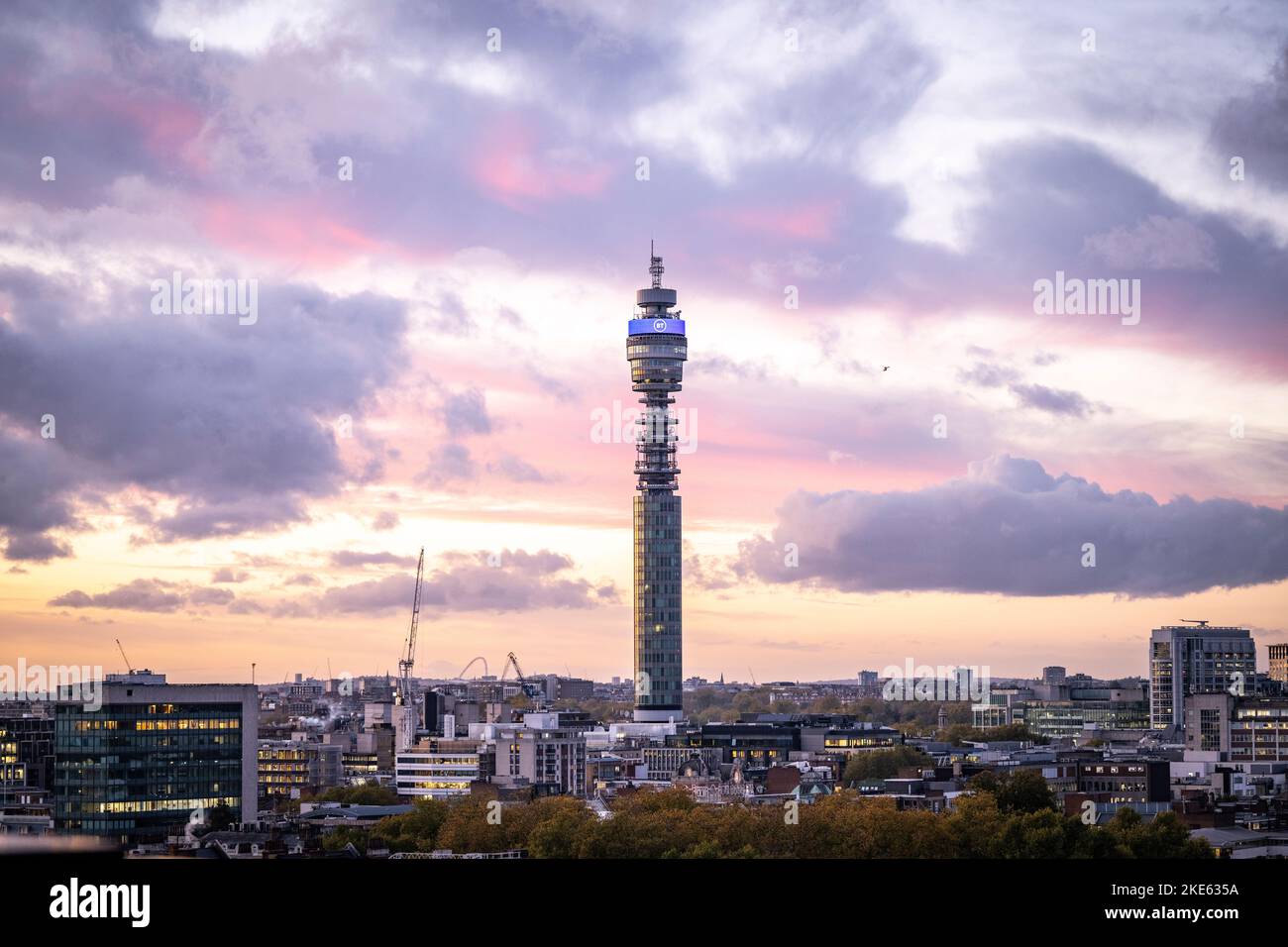 British Telecom Tower and London city skyline at dusk Stock Photo