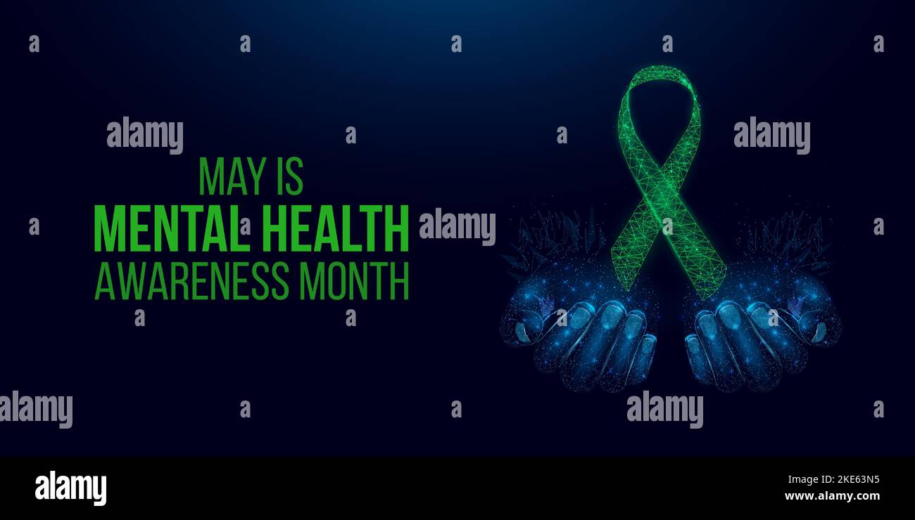 Mental health awareness month concept. Two human hands are holds green ...