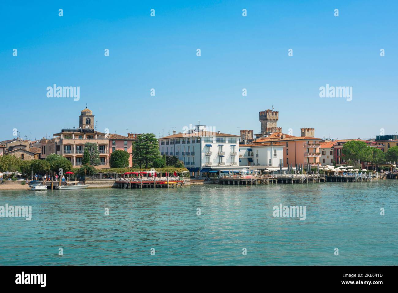 Sirmione Lake Garda, view in summer of the scenic lakeside town of Sirmione in Lake Garda, Lombardy, Italy Stock Photo