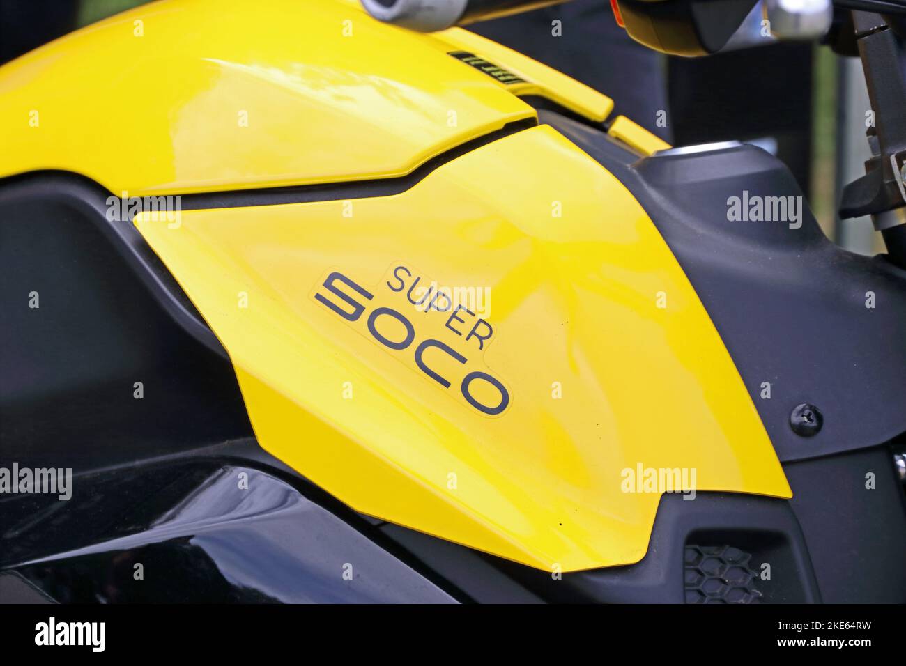 Super SOCO logo on side of electric motorcycle Stock Photo