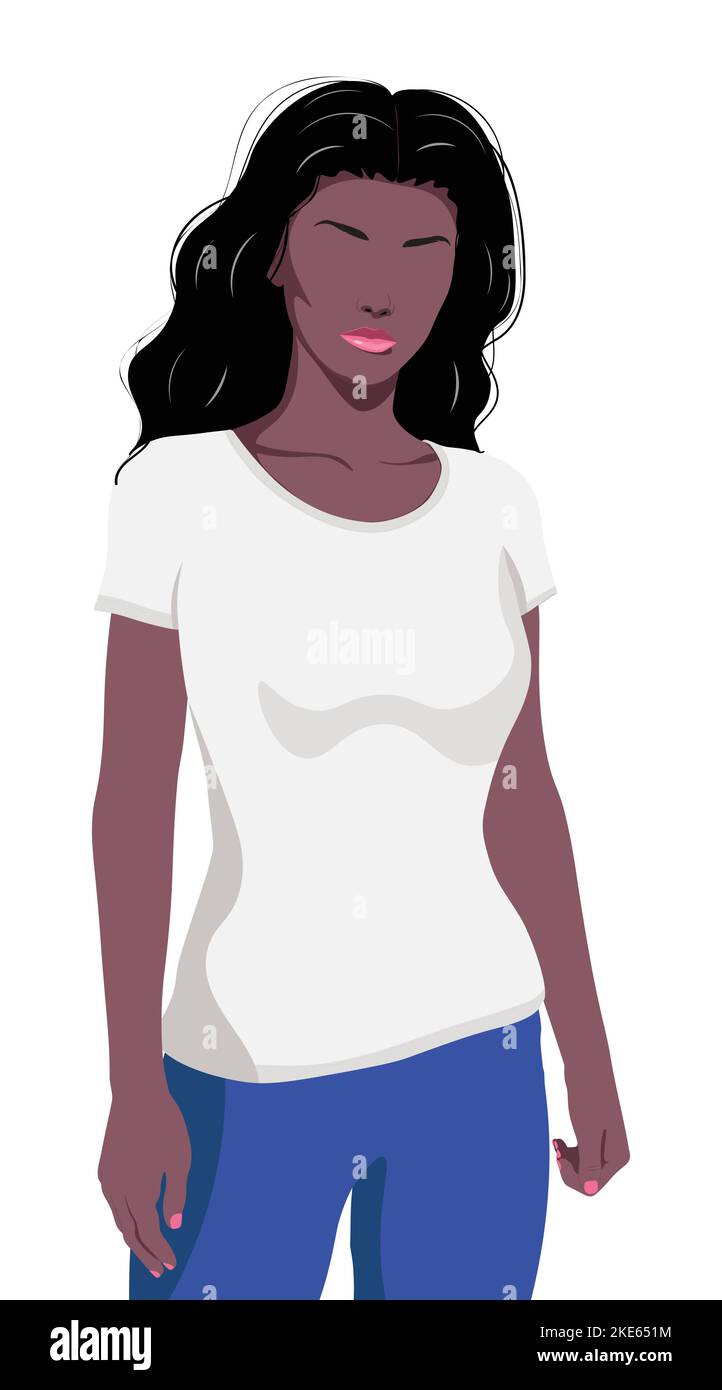 Young woman with dark skin wear white t shirt and blue pants. Stock Vector