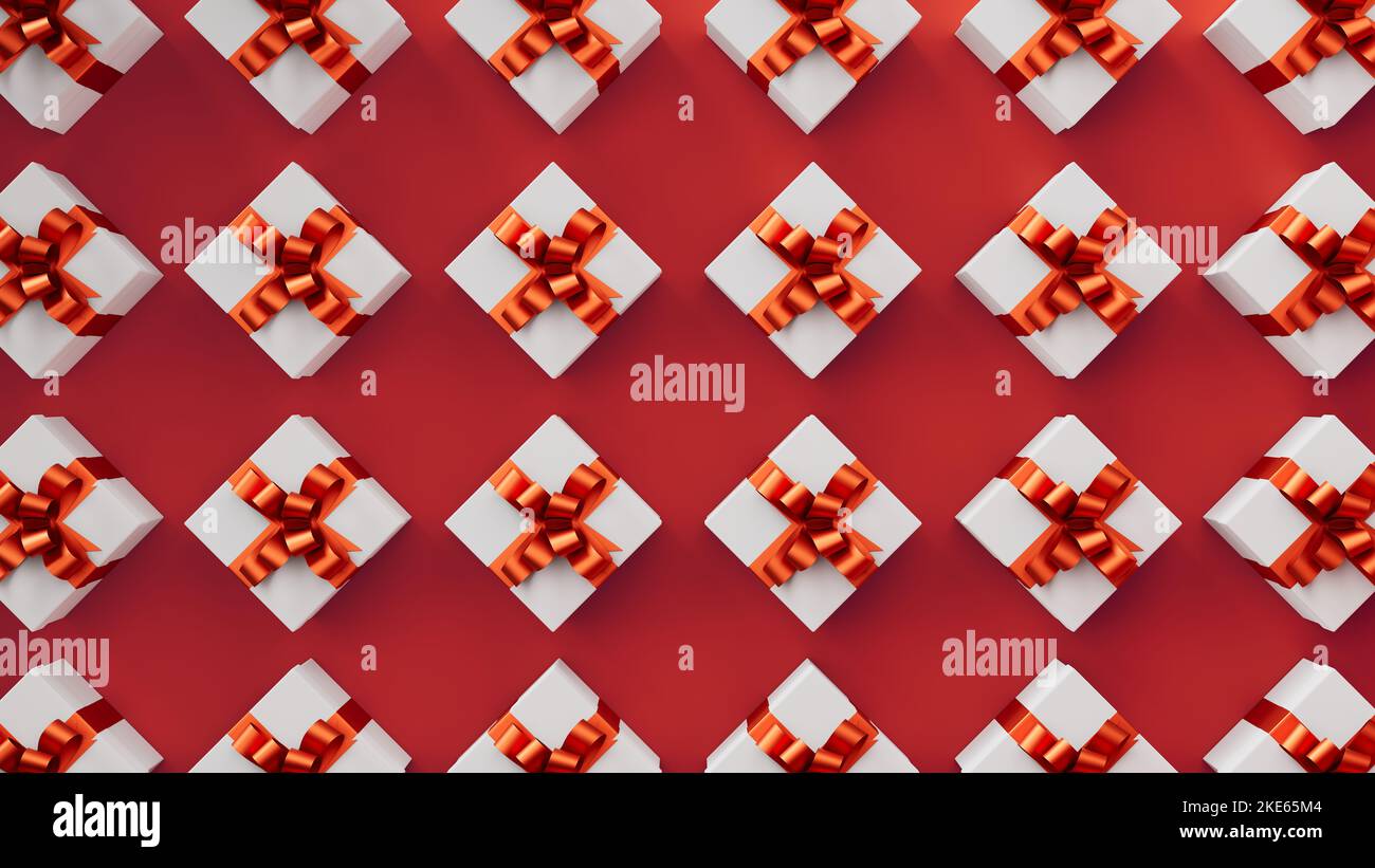 New Year white gift boxes with red ribbon on red background in perfect