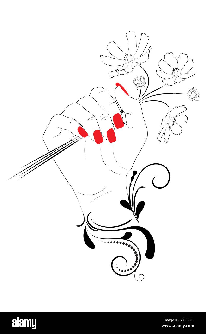 Female hand with red nail polish and flower line art illustration Stock ...
