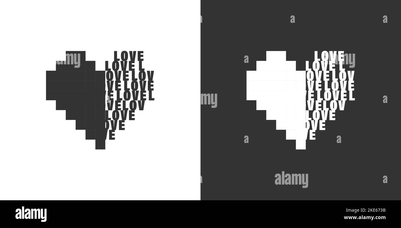 Pixel hearts abstraction. Pixel art hearts on white and black ...