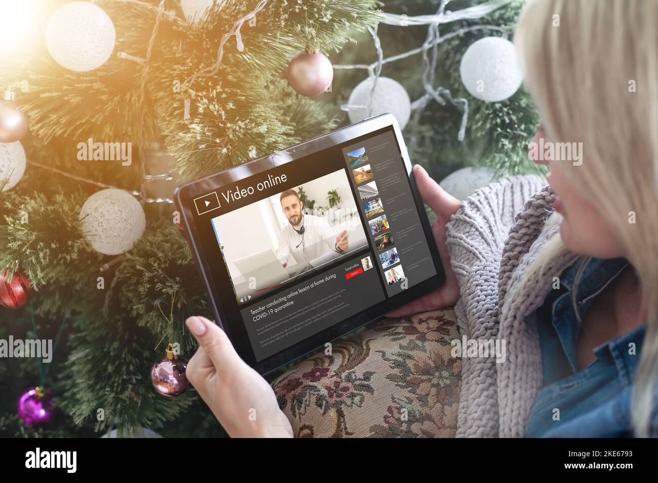 Virtual Christmas tree meeting team teleworking. Family video call
