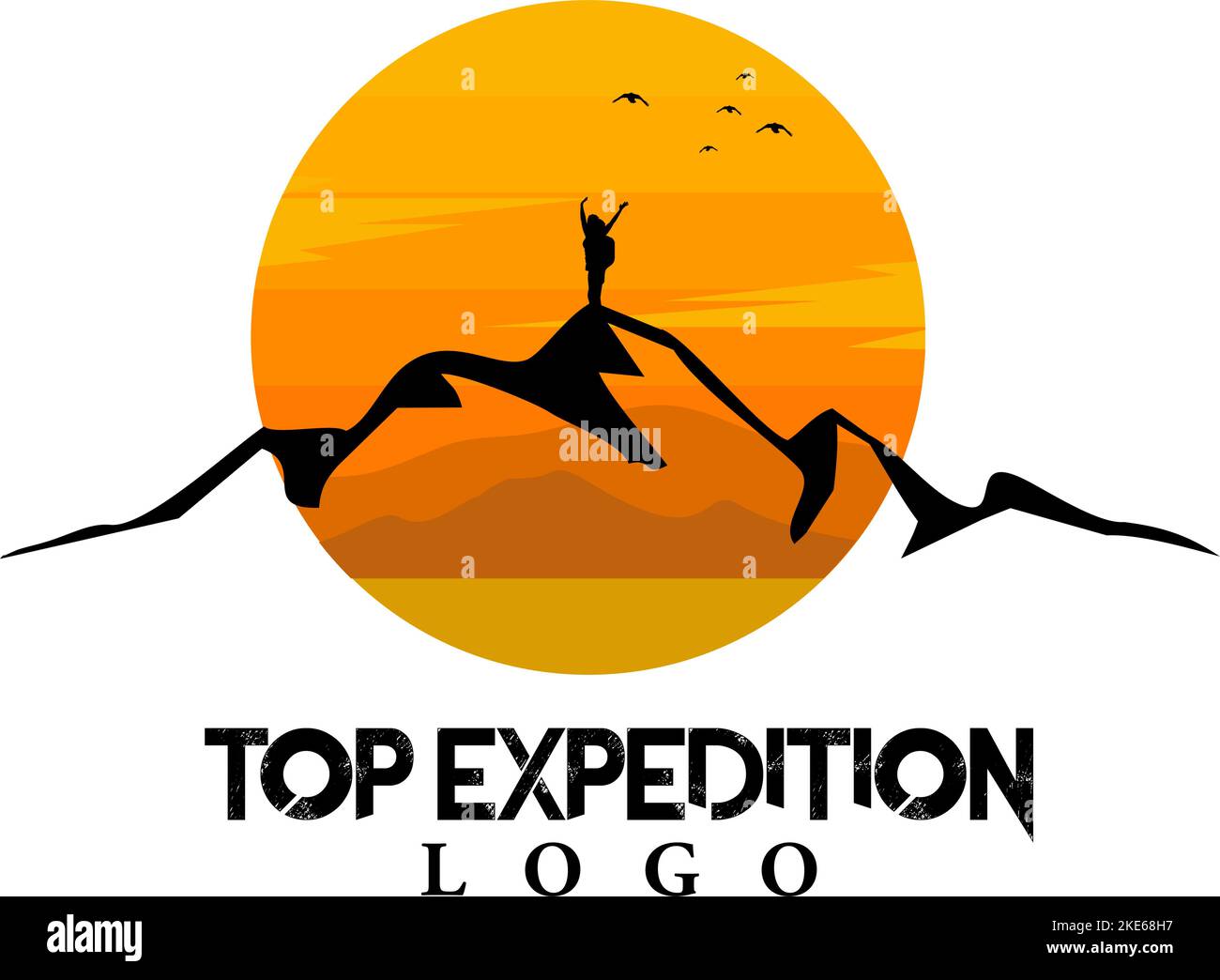 simple yellow sun logo and mountain climber silhouette Stock Vector