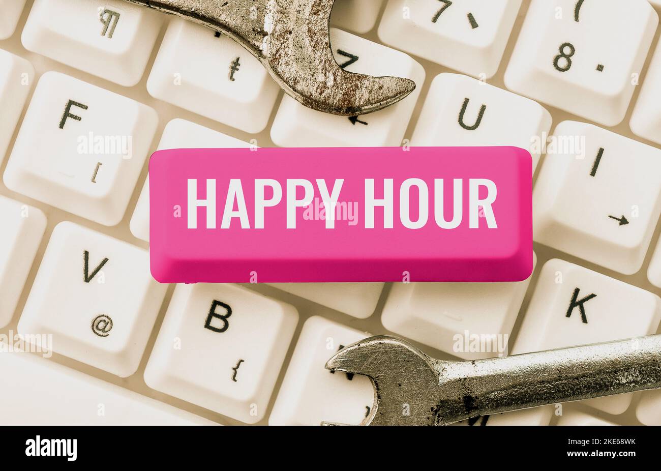Sign displaying Happy Hour. Business overview Spending time for activities that makes you relax for a while Stock Photo