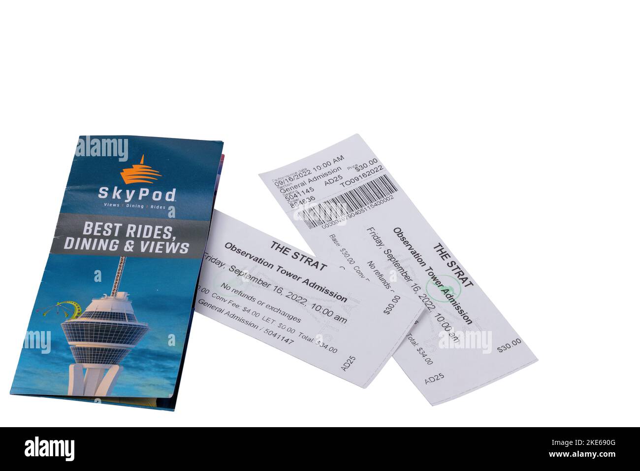 Close up view of entrance tickets and booklet for SkyPod Stratosphere tower. Strip. Las Vegas, Nevada,  USA. Stock Photo