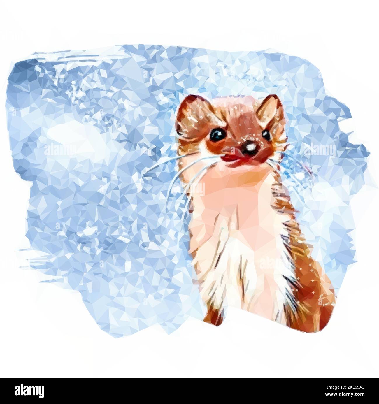 Weasel in the snow. The marten has snowflakes in its fur. Wild animal in winter. Vector in Low Poly Style. Stock Vector