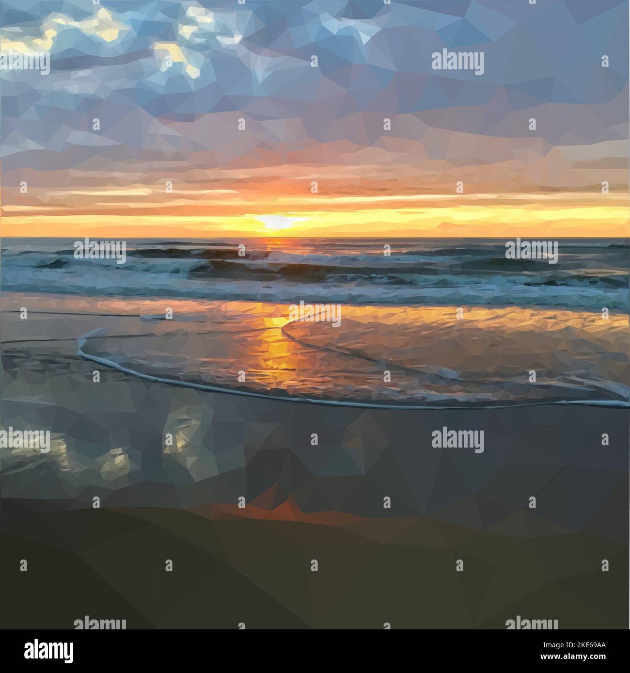 Sunset by the sea. The tide is coming in and waves are washing up on the sandy beach. Seen at the North Sea. Vector in Low Poly Art. Stock Vector