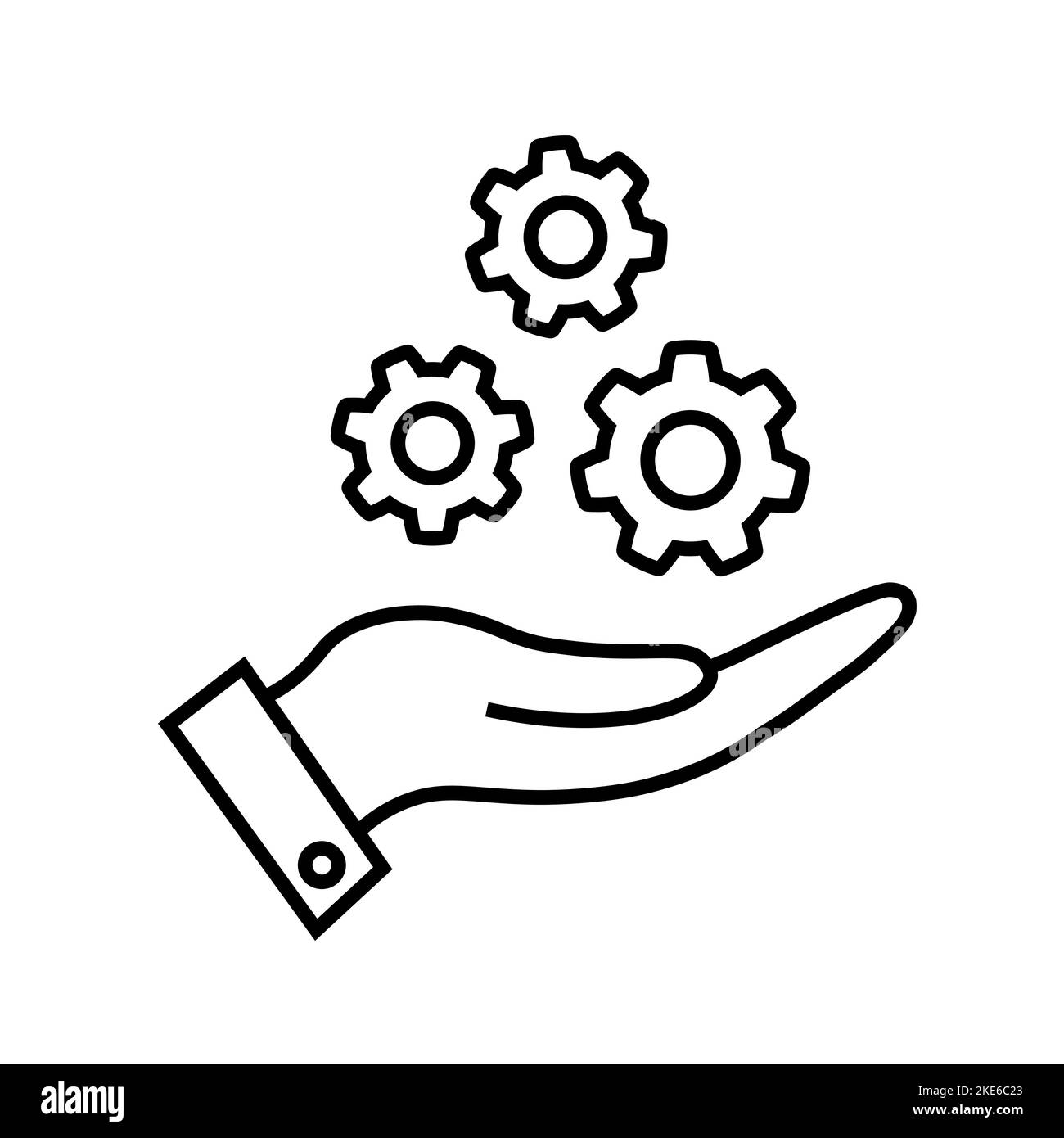 Gear wheel in hand. The process symbol on white. Stock Vector