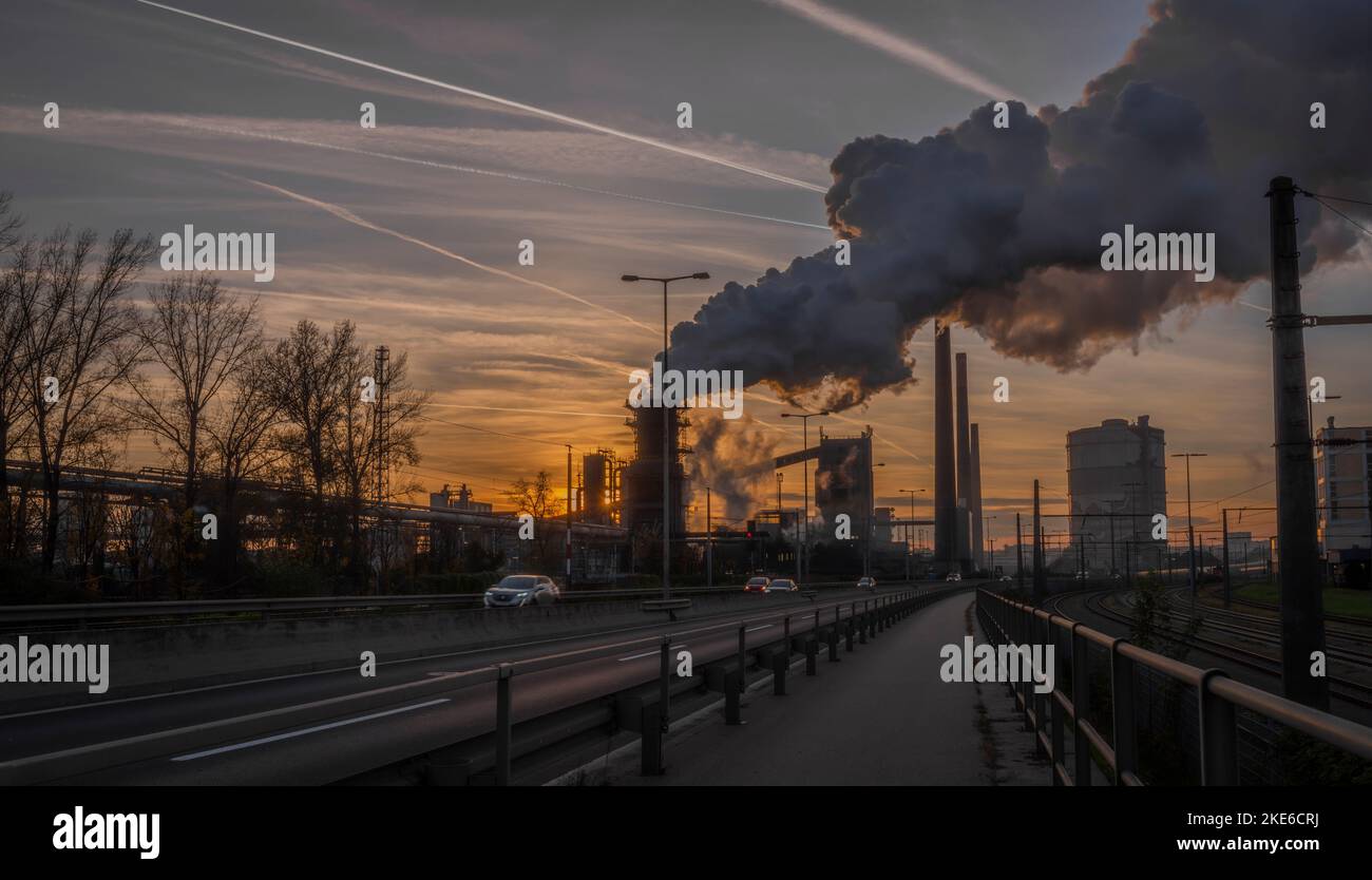 Chemistry factories in Linz city in color sunny dirty evening Stock Photo