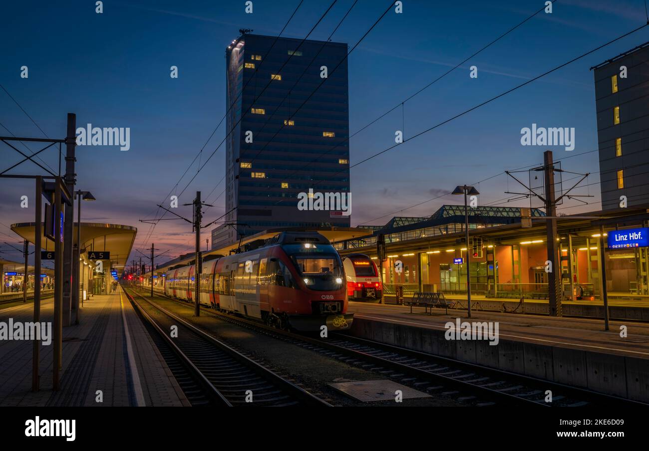 Linz railway station in color autumn evening after nice sunset Stock ...