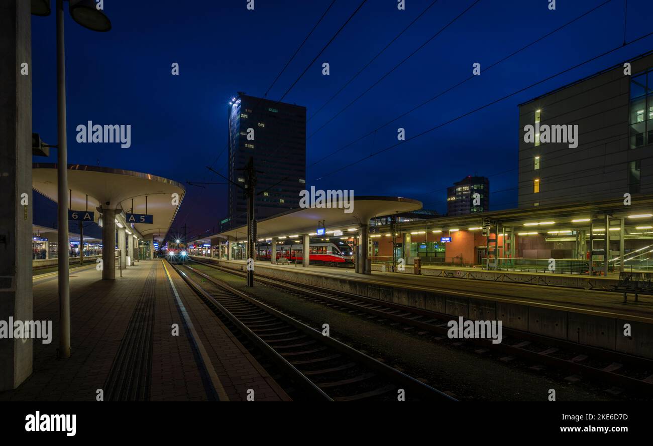 Linz railway station in color autumn evening after nice sunset Stock ...