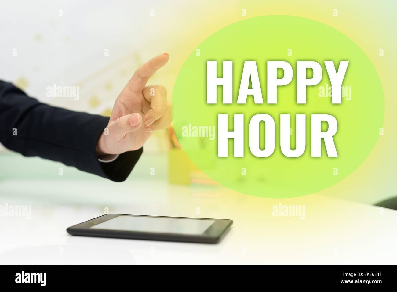 Text caption presenting Happy Hour. Word for Spending time for activities that makes you relax for a while Stock Photo