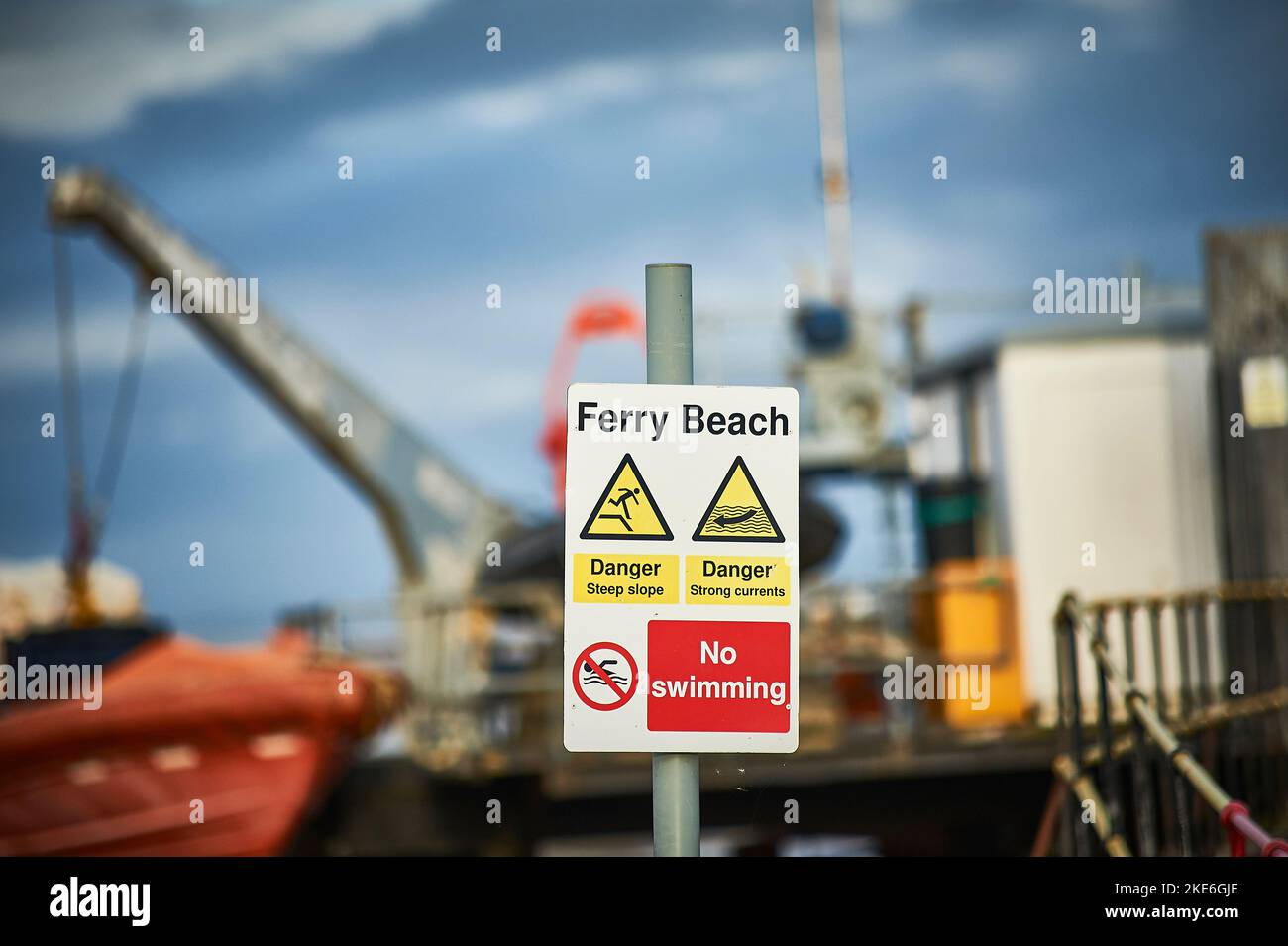 Ferry beach warning sign at Fleetwood,UK Stock Photo