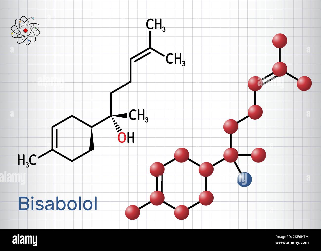 Bisabolol, alpha-Bisabolol, levomenol molecule. It is natural sesquiterpene alcohol, used in fragrances. Structural chemical formula, molecule model. Stock Vector
