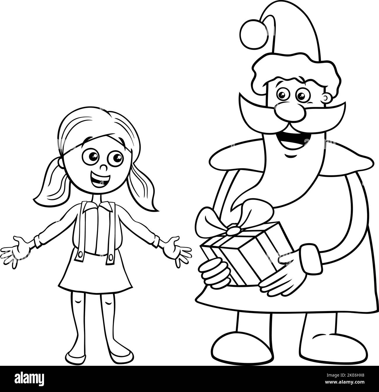 Black and white cartoon illustration of Santa Claus character giving a gift to little girl on Christmas time coloring page Stock Vector