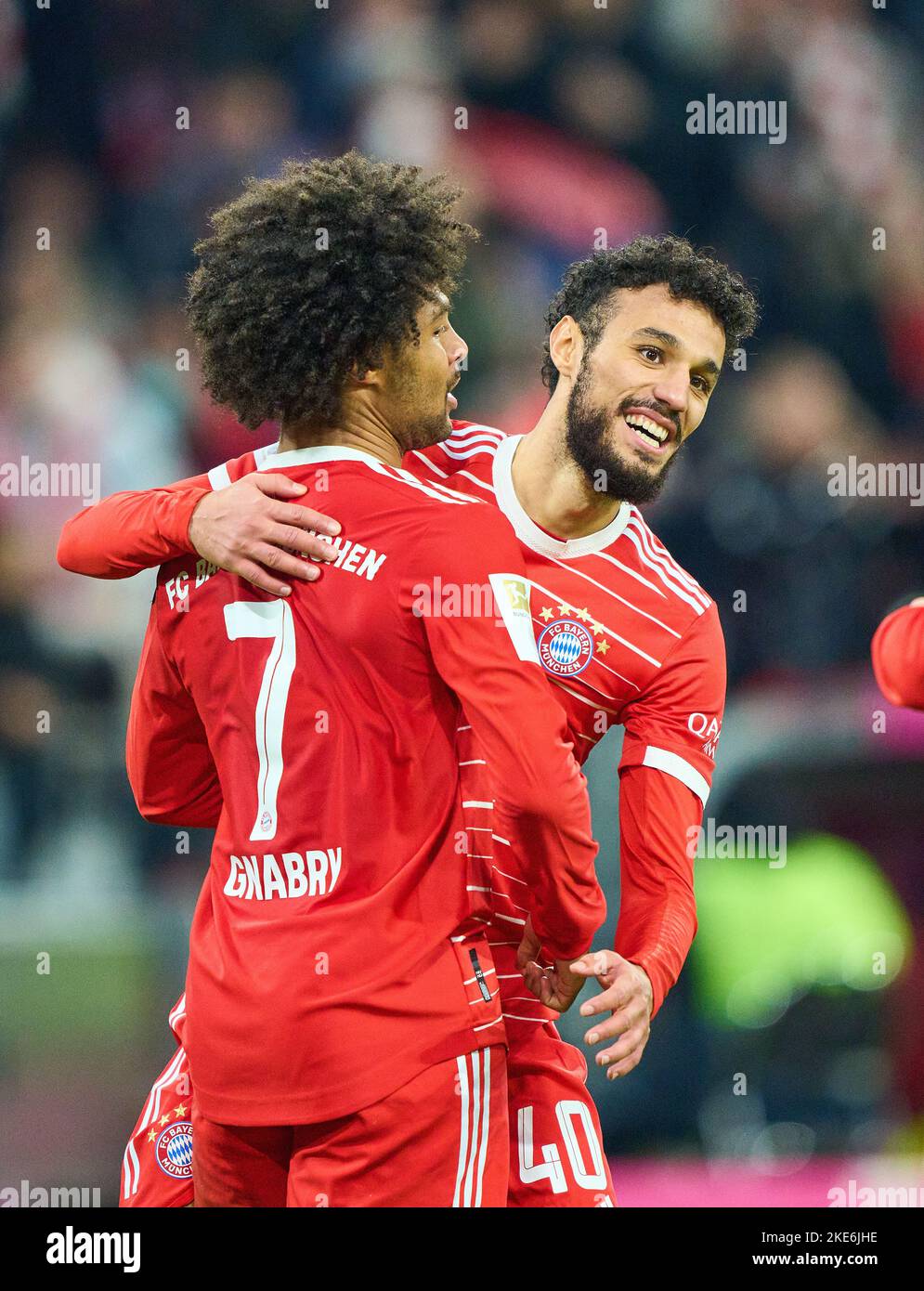Serge GNABRY, FCB 7 celebrates his goal, happy, laugh, celebration, 5-1 with Noussair Mazraoui, FCB 40  in the match FC BAYERN MÜNCHEN - SV WERDER BREMEN 6-1 1.German Football League on Nov 8, 2022 in Munich, Germany. Season 2022/2023, matchday 14, 1.Bundesliga, FCB, München, 14.Spieltag © Peter Schatz / Alamy Live News    - DFL REGULATIONS PROHIBIT ANY USE OF PHOTOGRAPHS as IMAGE SEQUENCES and/or QUASI-VIDEO - Stock Photo
