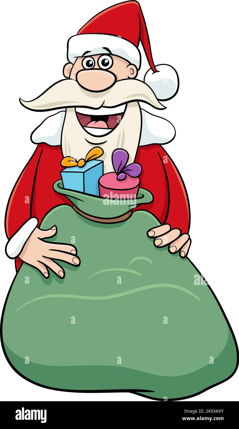 Cartoon illustration of happy Santa Claus character with sack of ...