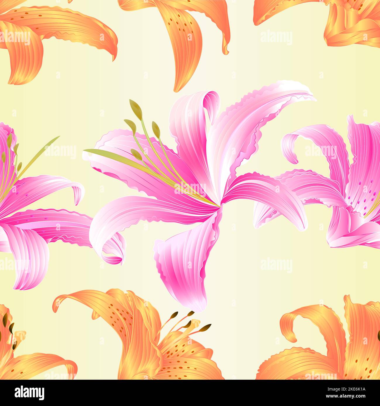 Seamless texture lilium candidum,  pink and yellow   flowers  vintage vector illustration editable hand draw Stock Vector