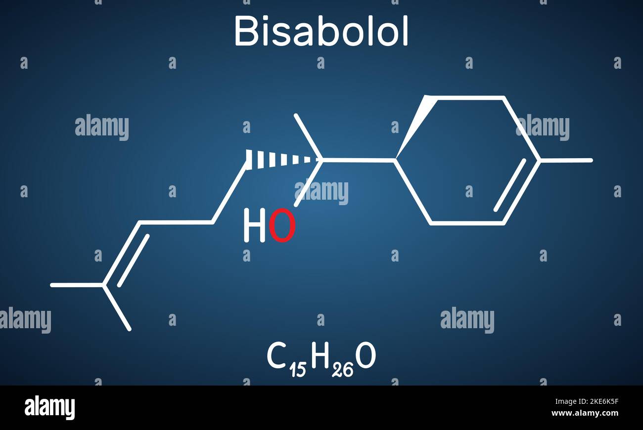 Bisabolol, alpha-Bisabolol, levomenol molecule. It is natural monocyclic sesquiterpene alcohol, used in various fragrances. Structural chemical formul Stock Vector