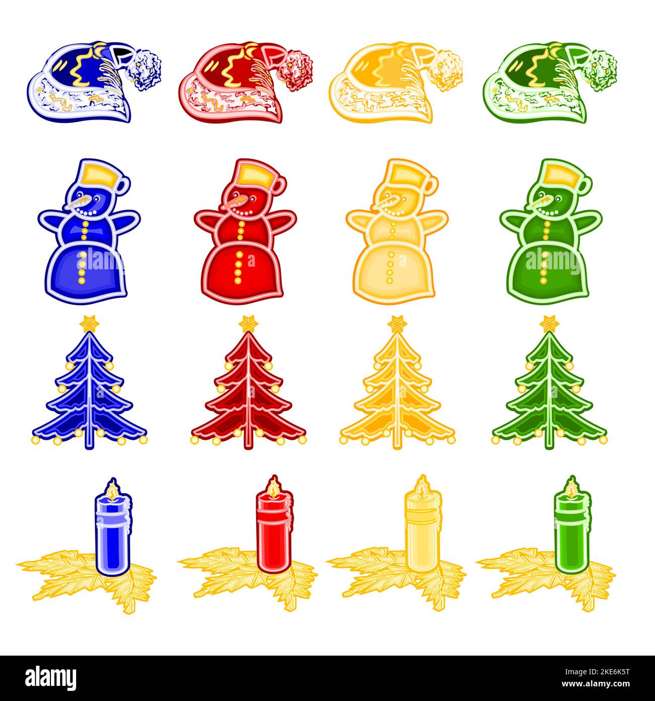 Christmas and New Year decoration with Christmas ornaments as faience christmas tree candleholder santo hat snowman vintage  set three vector illustra Stock Vector
