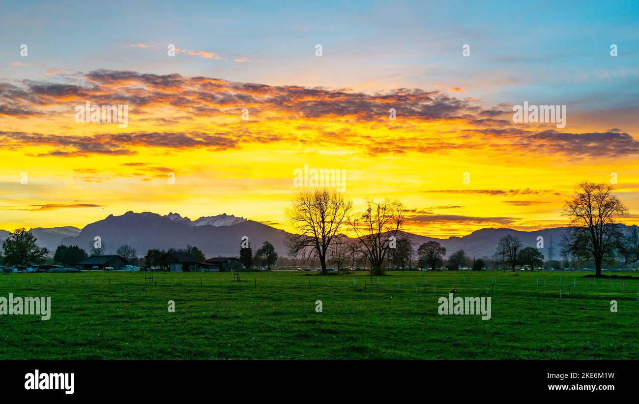 Sonnenuntergang im Rheintal, mit Wiesen und Felder, Bäumen und Schweizer Bergen im Hintergrund. Föhn mit Wolken und blau, gelb, orange, roter Himmel Stock Photo