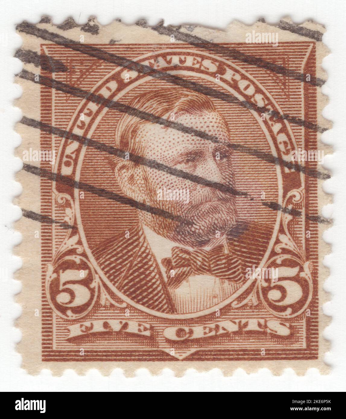 USA - 1894: An 5 cents chocolate postage stamp depicting portrait of Ulysses S. Grant (born Hiram Ulysses Grant), American military officer and politician who served as the 18th president of the United States from 1869 to 1877. As Commanding General, he led the Union Army to victory in the American Civil War in 1865 and thereafter briefly served as Secretary of War. Later, as president, Grant was an effective civil rights executive who signed the bill that created the Justice Department and worked with Radical Republicans to protect African Americans during Reconstruction Stock Photo