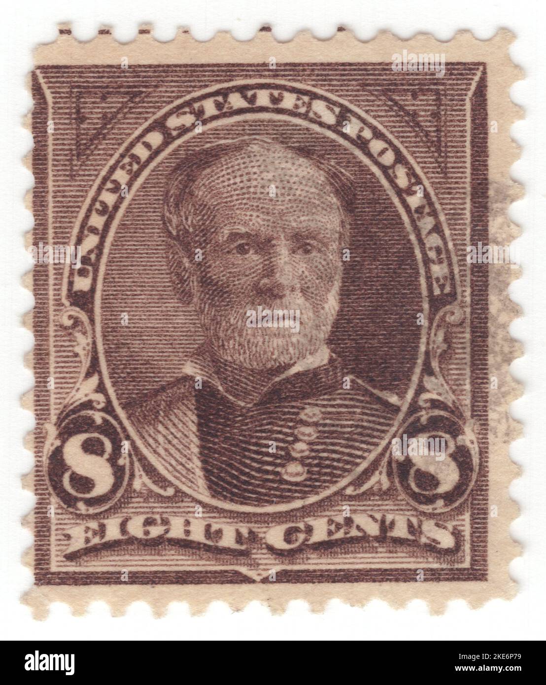 USA - 1895: An 8 cents violet-brown postage stamp depicting portrait of William Tecumseh Sherman. American soldier, businessman, educator, and author. He served as a general in the Union Army during the American Civil War, achieving recognition for his command of military strategy as well as criticism for the harshness of the scorched-earth policies that he implemented against the Confederate States. British military theorist and historian B. H. Liddell Hart declared that Sherman was 'the first modern general' Stock Photo