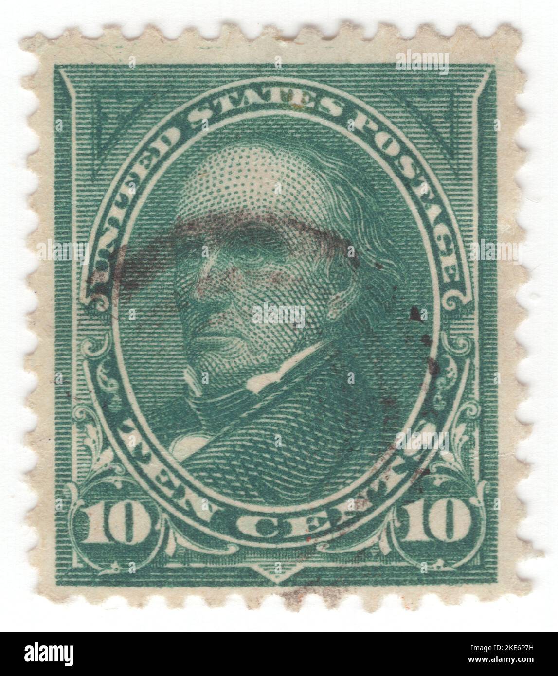 USA - 1895: An 10 cents dark green postage stamp depicting portrait of Daniel Webster, American lawyer and statesman who represented New Hampshire and Massachusetts in the U.S. Congress and served as the U.S. Secretary of State under Presidents William Henry Harrison, John Tyler, and Millard Fillmore. Webster was one of the most prominent American lawyers of the 19th century, and argued over 200 cases before the U.S. Supreme Court between 1814 and his death in 1852. During his life, he was a member of the Federalist Party, the National Republican Party, and the Whig Party Stock Photo