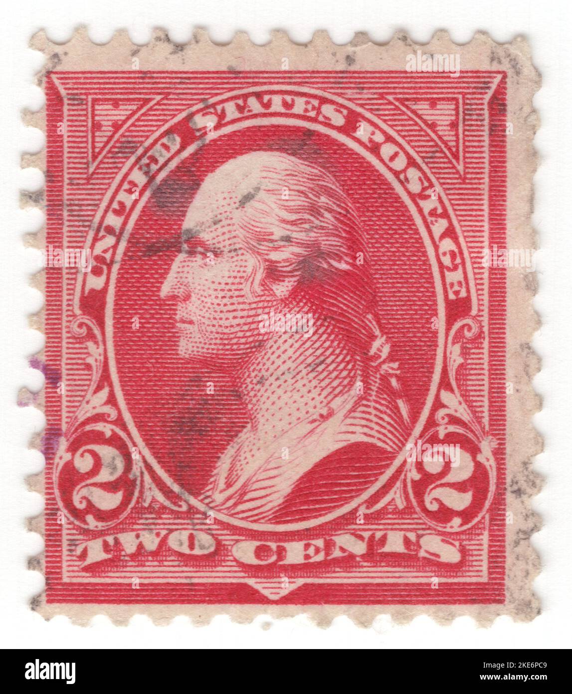 USA - 1899: An 2 cents red postage stamp depicting portrait of George Washington. American military officer, statesman, and Founding Father who served as the first president of the United States from 1789 to 1797. Appointed by the Continental Congress as commander of the Continental Army, Washington led the Patriot forces to victory in the American Revolutionary War and served as the president of the Constitutional Convention of 1787, which created the Constitution of the United States and the American federal government. Washington has been called the 'Father of his Country' Stock Photo