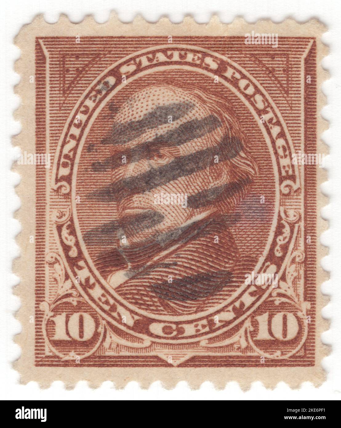 USA - 1897: An 10 cents orange-brown postage stamp depicting portrait of Daniel Webster, American lawyer and statesman who represented New Hampshire and Massachusetts in the U.S. Congress and served as the U.S. Secretary of State under Presidents William Henry Harrison, John Tyler, and Millard Fillmore. Webster was one of the most prominent American lawyers of the 19th century, and argued over 200 cases before the U.S. Supreme Court between 1814 and his death in 1852. During his life, he was a member of the Federalist Party, the National Republican Party, and the Whig Party Stock Photo
