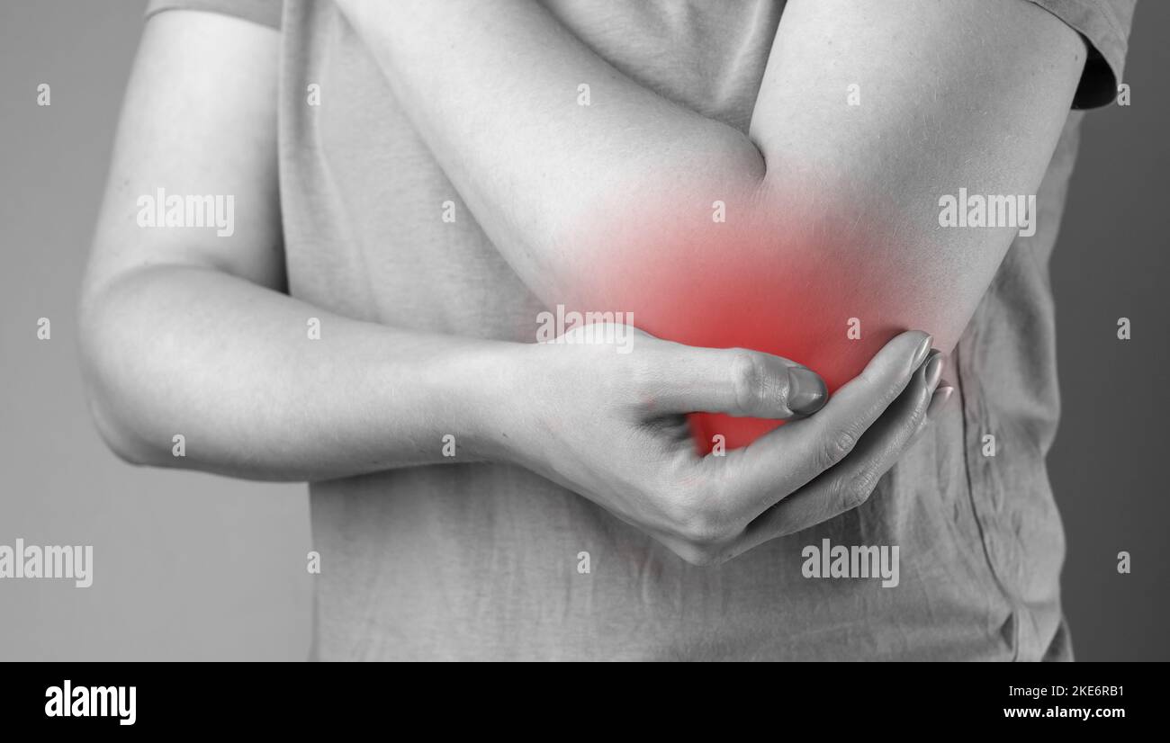 Elbow pain, injury. Cubital trauma, fracture, hurt. Arm joint disease