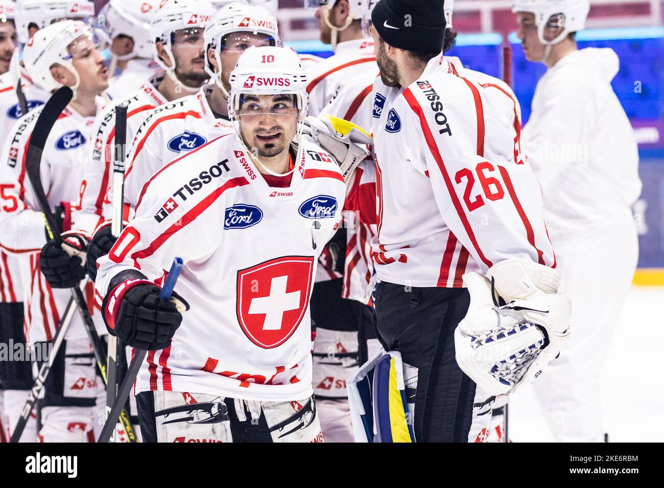 TURKU, FINLAND NOVEMBER 10 Andres Ambühl of Switzerland celebrates with his teammates after