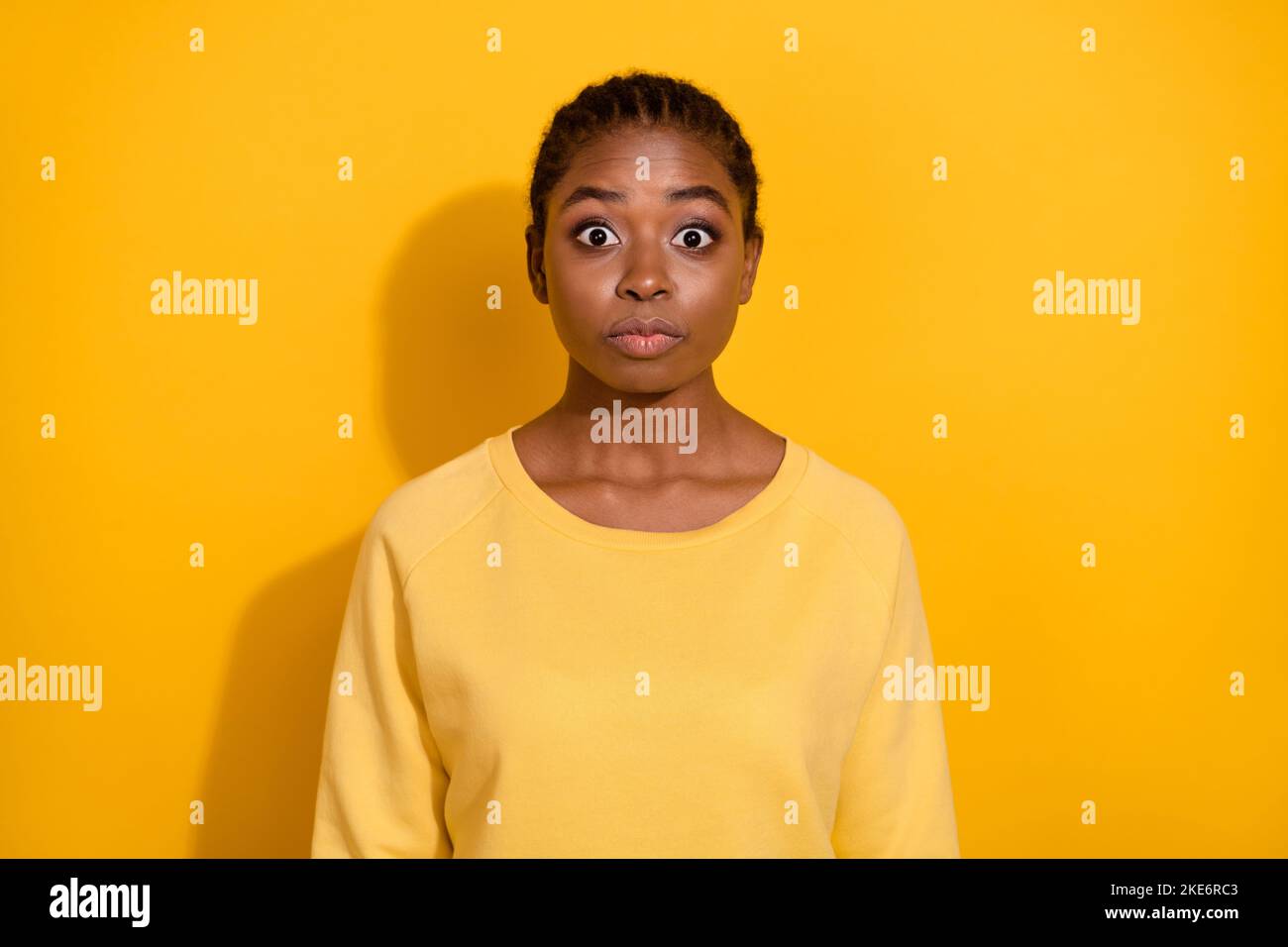 Portrait of attractive funny amazed puzzled girl oops stare eyes ...