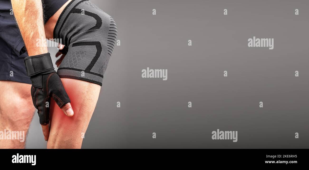 Calf muscle pain, ache, leg cramp, shin spasm of athlete. Sport banner with copy space. High quality photo Stock Photo