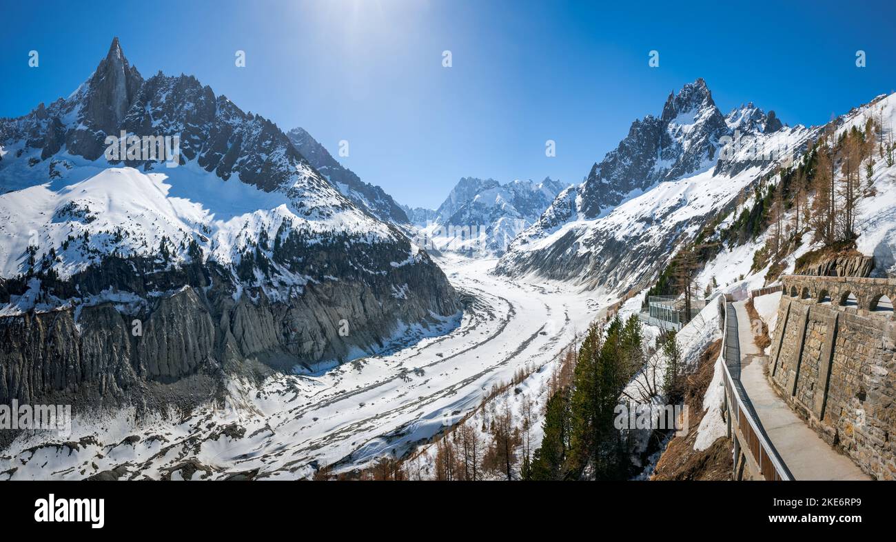 Mer de Glace glacier with view of Vallee Blanche (winter ski resort) of the Mont Blanc massif, Alps, Haute-Savoie, France Stock Photo