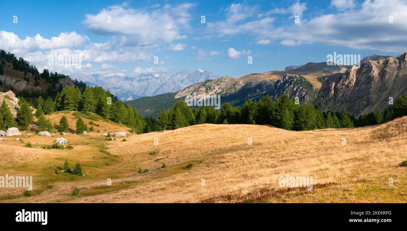 Panoramic summer view from Col du Lauzet above the village of Saint-Crepin. In the distance, the Pelvoux mountain peak. Hautes-Alpes, Alps, France Stock Photo