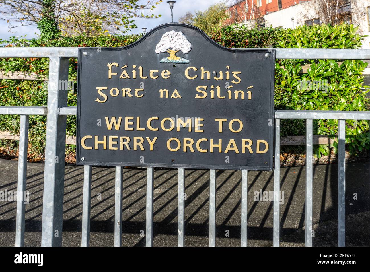 The sign at the entrance to the Cherry Orchard housing estate, in West Dublin, Ireland. Stock Photo