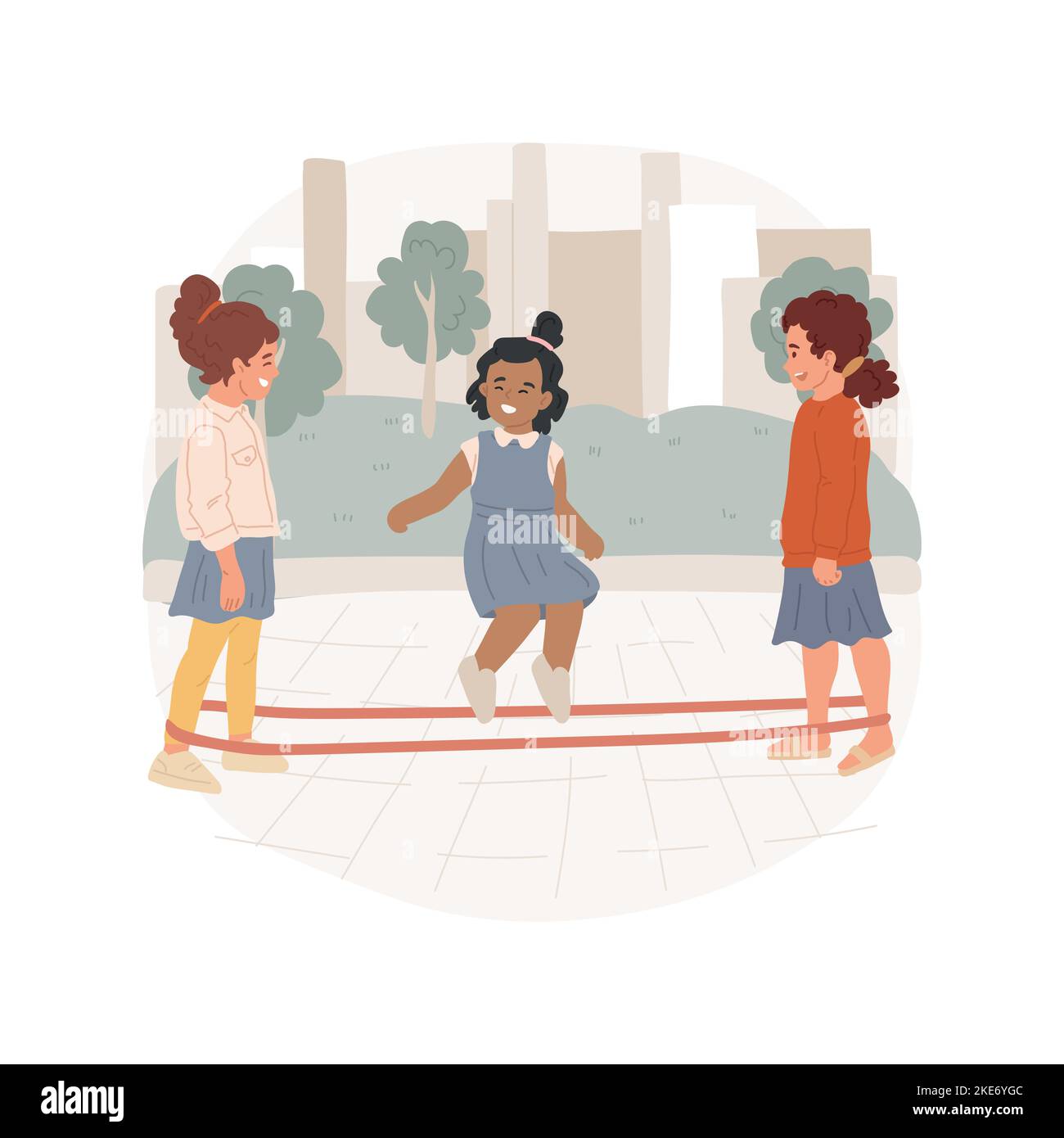Chinese jump rope isolated cartoon vector illustration. Girls standing