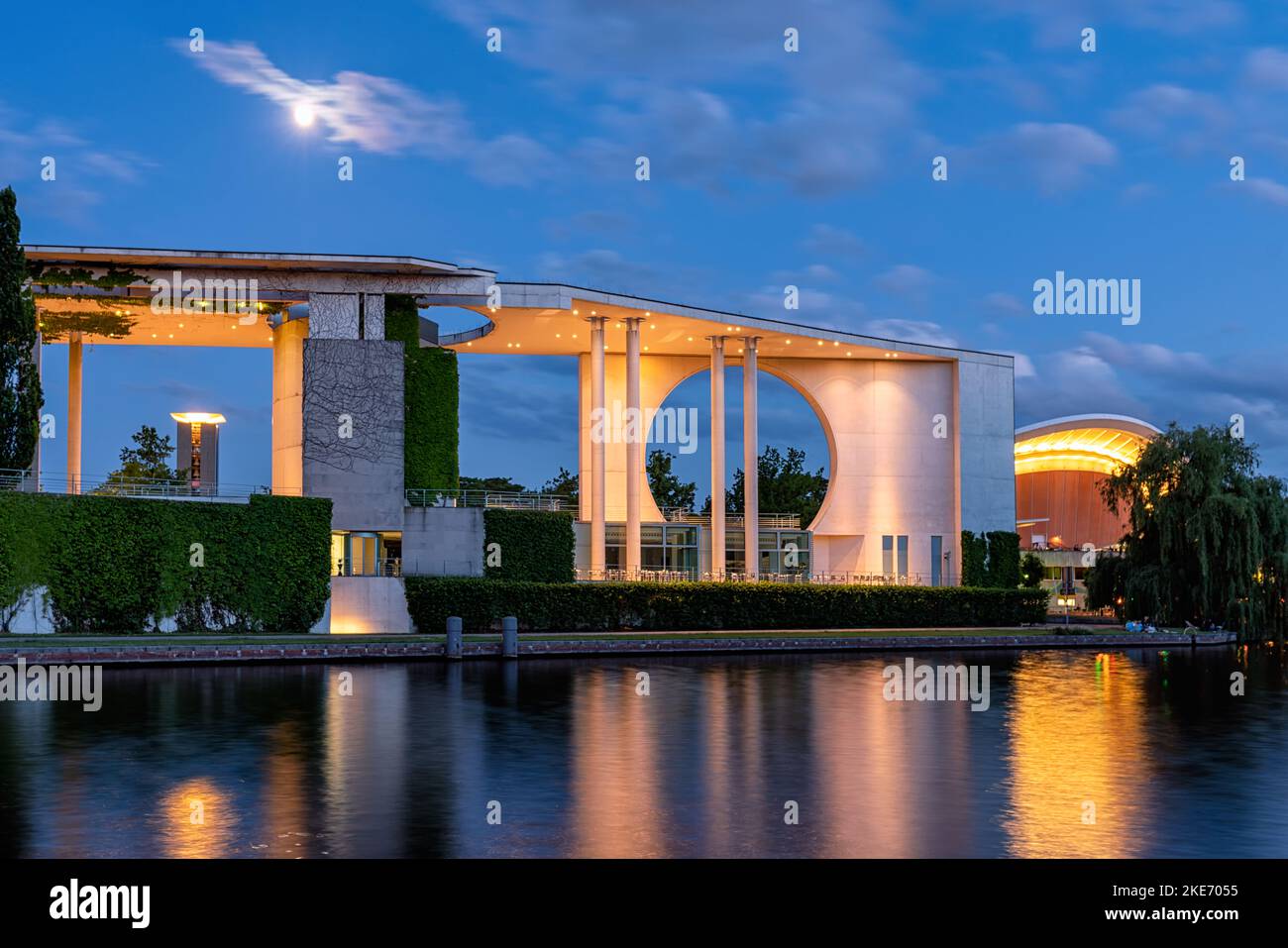 The very modern German chancellery, in Berlin, Germany.  This building made of concrete and glass sits on the Spree river. Stock Photo