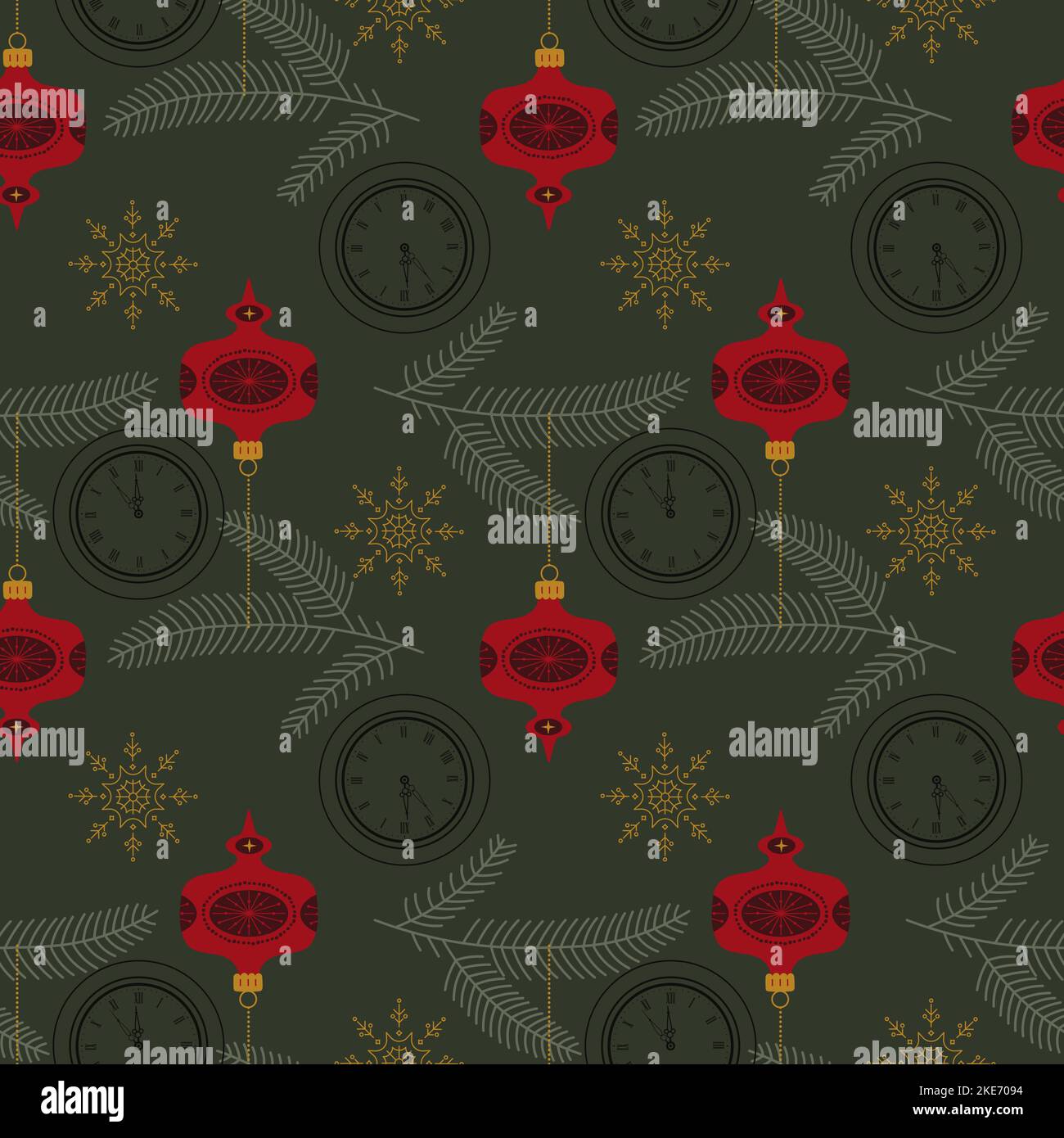 Christmas retro Seamless Pattern with Vintage Glass Ball on Spruce ...